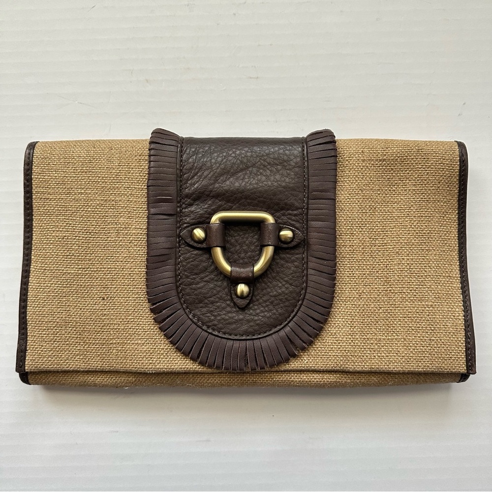 New Kate Landry Metallic Gold Jute Burlap and Brown Leather Clutch Vintage
